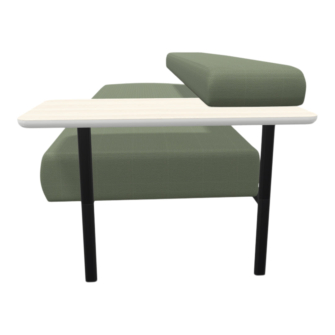 Green textured fabric sofa with a light wood tabletop and sleek black legs, perfect for modern decor.