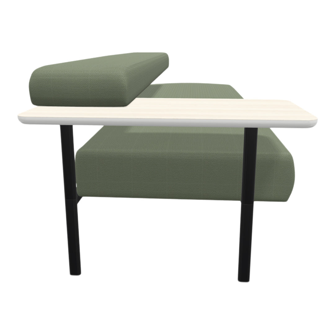 Stylish green upholstered sofa with a textured pattern and a sleek white tabletop supported by black legs.