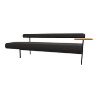 Modern black sofa with sleek lines and a wooden armrest, featuring a minimalist design and subtle textures.