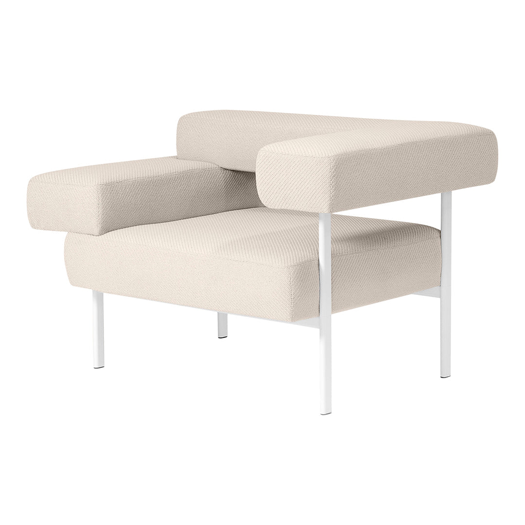 Beige textured armchair with a modern design and white metal legs, perfect for contemporary spaces.