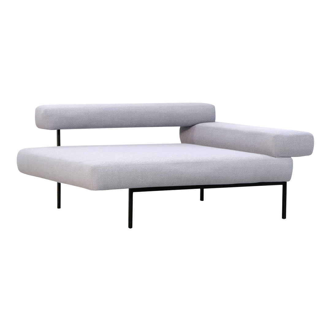 Light gray upholstered sofa with a textured pattern and sleek black metal legs. Modern and minimalistic design.