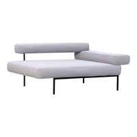 Light gray upholstered sofa with a textured pattern and sleek black metal legs. Modern and minimalistic design.
