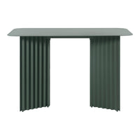 Green modern console table with textured ribbed sides and smooth top surface. Elegant and sleek design.