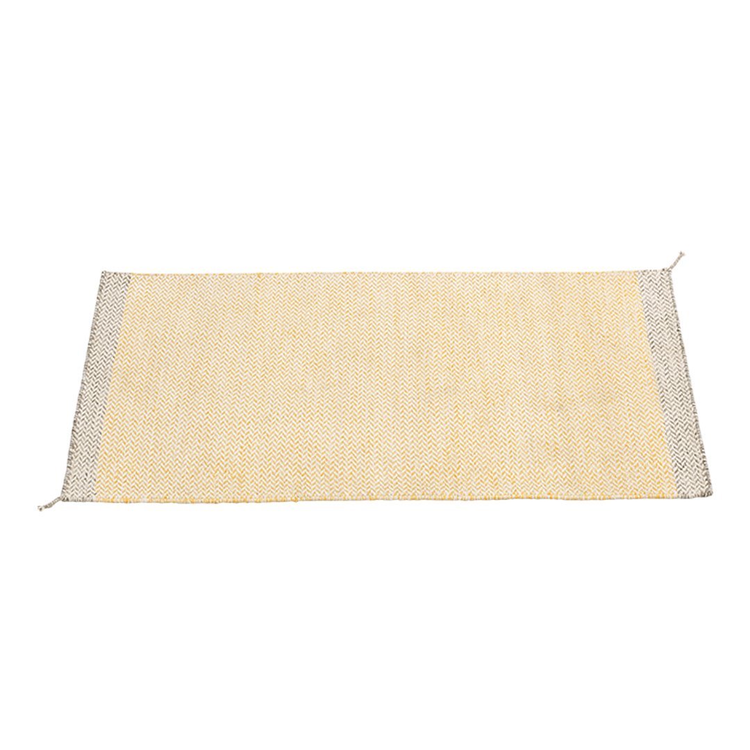 Light yellow rug with a gray bordered design, featuring a subtle woven texture for a cozy, modern look.