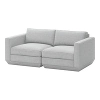 Light gray two-seater couch with a clean, modern design and solid pattern, perfect for contemporary living spaces.