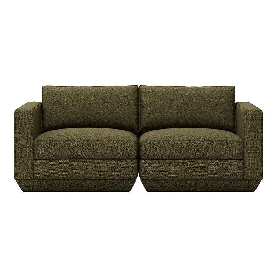 Olive green sofa with subtle textured pattern, featuring two plush cushions and modern design. Perfect for cozy spaces.