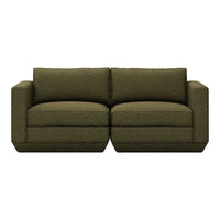 Olive green sofa with subtle textured pattern, featuring two plush cushions and modern design. Perfect for cozy spaces.