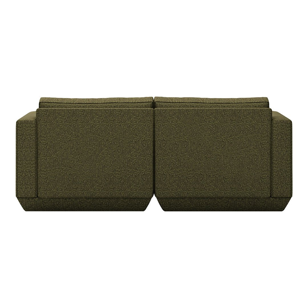 Olive green sofa with a textured fabric and modern geometric design. Perfect for contemporary interiors.