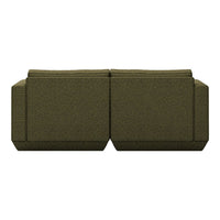 Olive green sofa with a textured fabric and modern geometric design. Perfect for contemporary interiors.