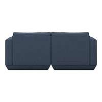 Navy blue modern couch with clean lines and a minimalist design, featuring a solid color and no visible patterns.