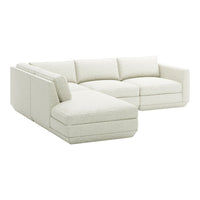 Modern L-shaped sofa in soft cream color with a textured pattern, perfect for contemporary living spaces.