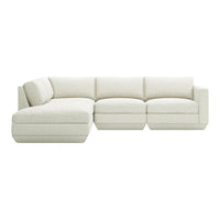 Soft white upholstered sectional sofa with smooth, seamless design and plush cushions for cozy seating.