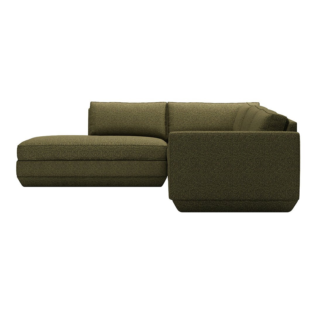 Olive green sectional sofa with a textured fabric, featuring a minimalist design and clean lines. Perfect for modern decor.