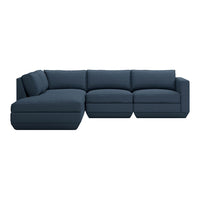Dark navy blue sectional sofa with a modern, streamlined design and solid fabric upholstery.