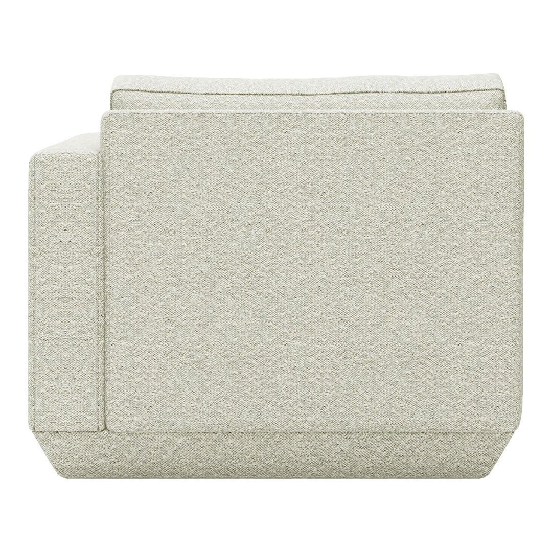 Light gray cube-shaped chair with a textured fabric pattern, perfect for modern decor.