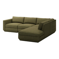 Olive green sectional sofa with a textured fabric pattern, featuring clean lines and a modern design.