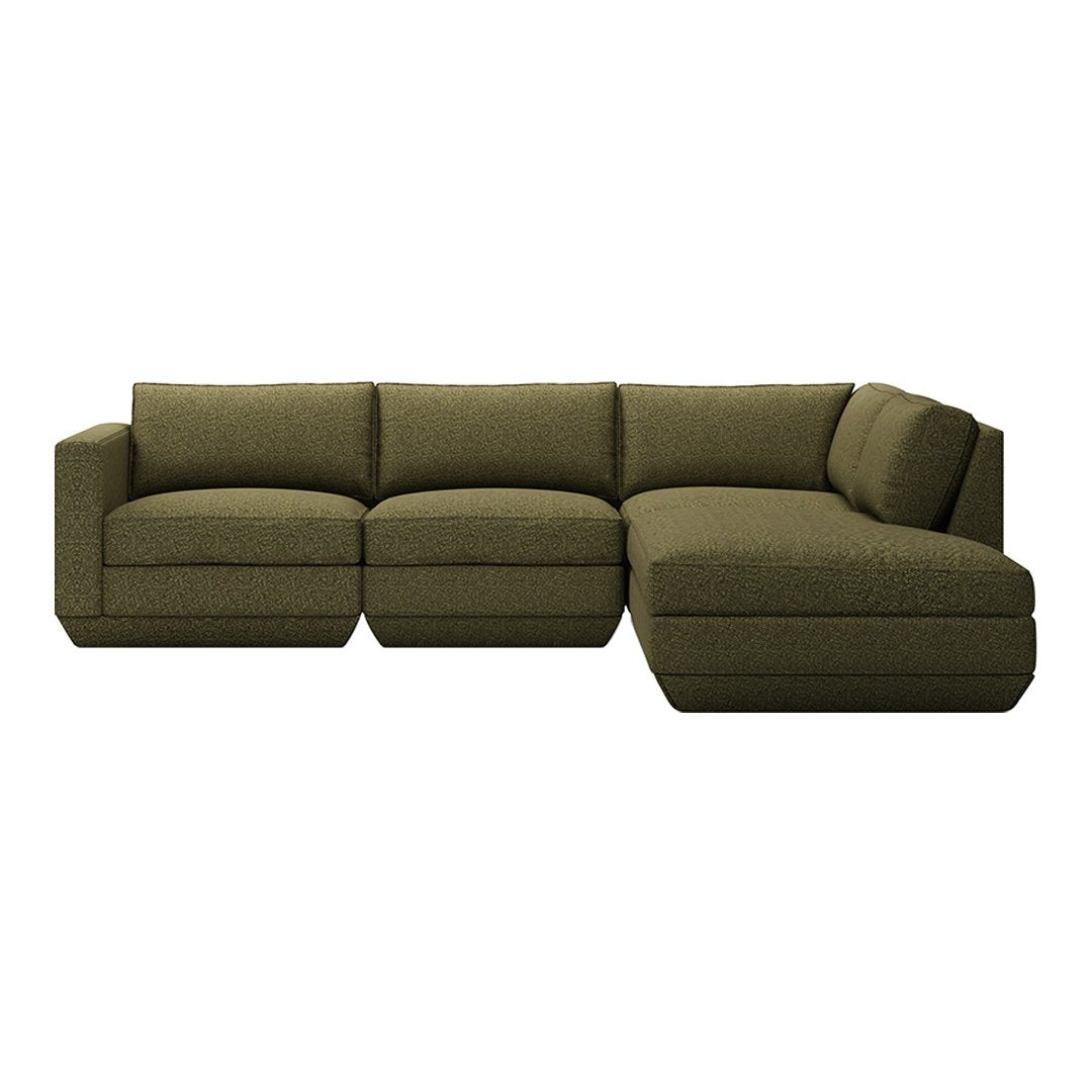 Olive green sectional sofa with a textured fabric and minimalist design, perfect for modern living spaces.