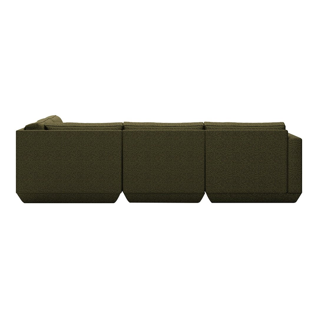 Olive green, textured fabric sofa with a modern, geometric design. Ideal for contemporary living spaces.