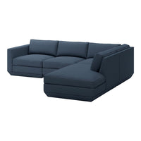 Dark navy blue sectional sofa with a minimalist design and solid fabric upholstery.