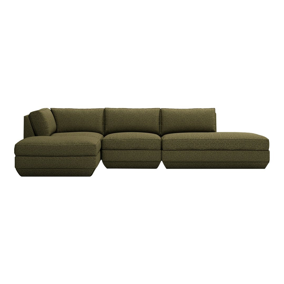 Olive green sectional sofa with a simple, modern design and soft, textured fabric. Perfect for stylish living rooms.