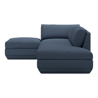 Navy blue modern sectional sofa with solid fabric and sleek lines, perfect for contemporary living spaces.