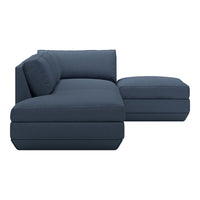 Modern navy blue sectional sofa with a sleek, minimalist design and subtle textured fabric. Perfect for contemporary decor.