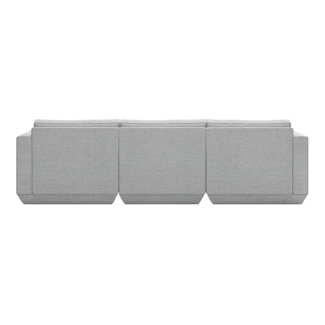 Gray three-seat sofa with a sleek, modern design and textured fabric. Perfect for contemporary living spaces.