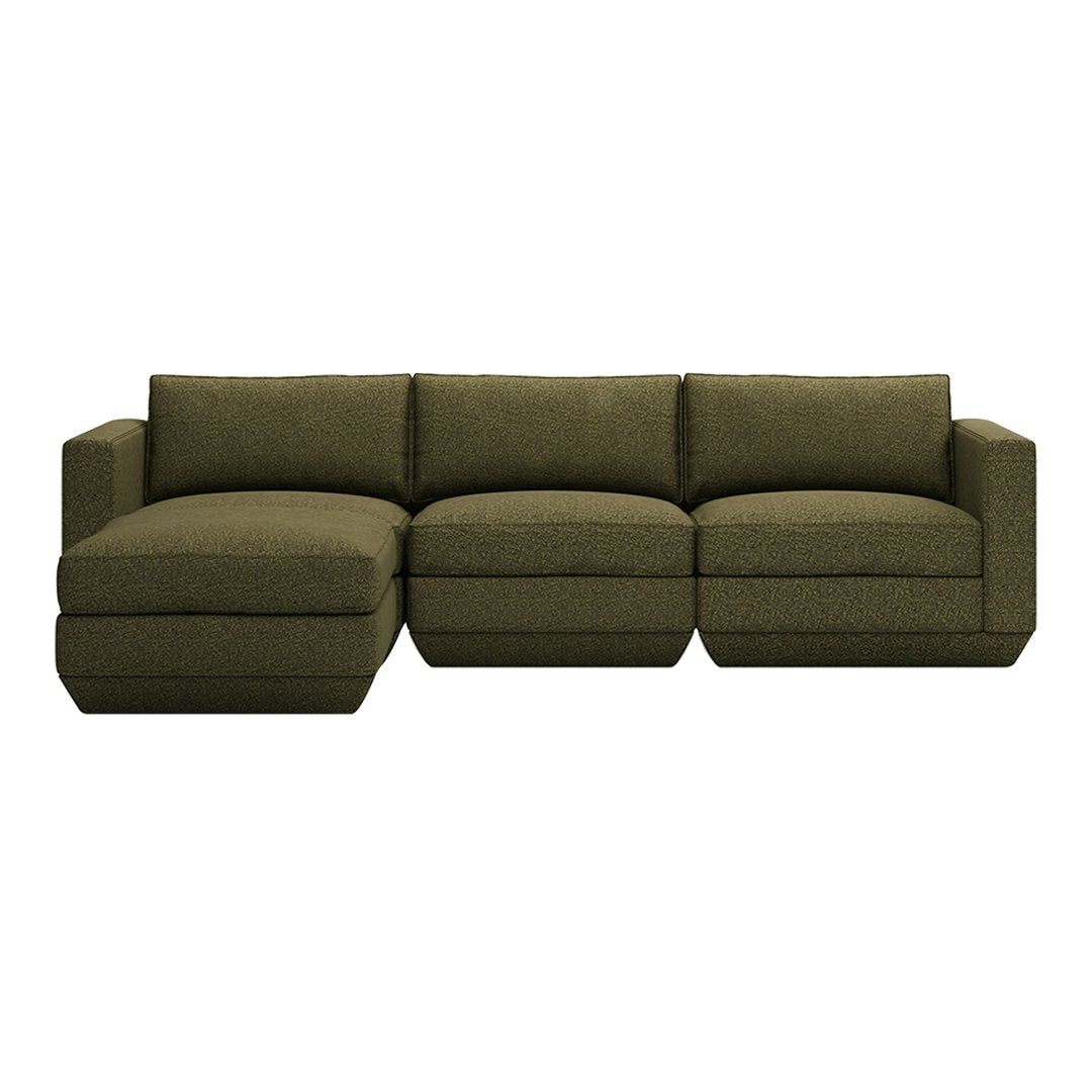 Olive green sectional sofa with textured fabric and clean lines, perfect for modern living spaces.