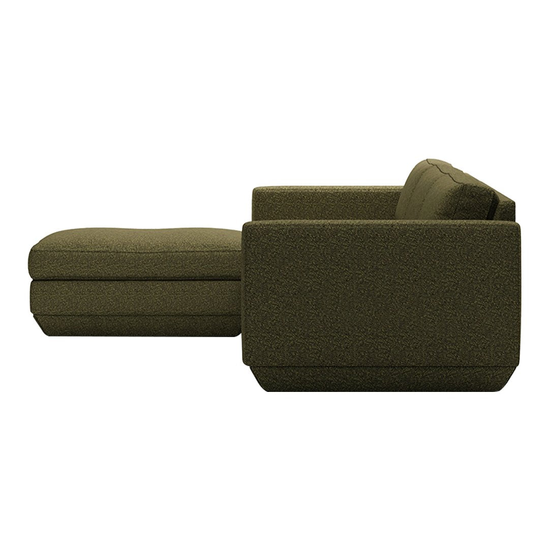 Olive green sectional sofa with a textured fabric, featuring a modern, minimalist design and clean lines.