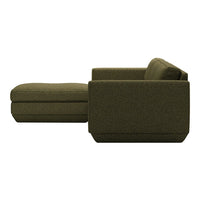 Olive green sectional sofa with a textured fabric, featuring a modern, minimalist design and clean lines.