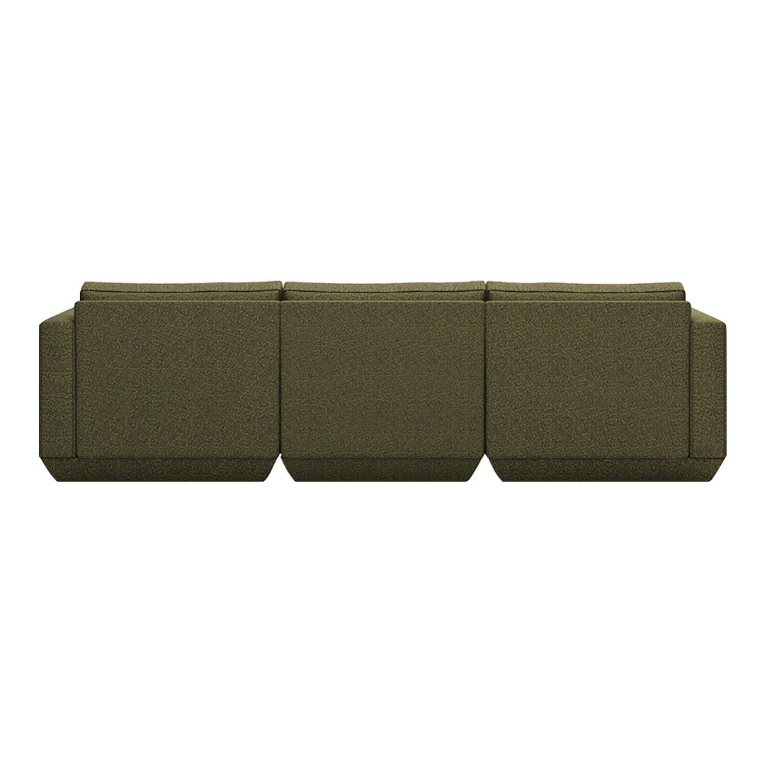 Sleek olive green sofa with a textured, contemporary design, featuring clean lines and a modular structure.
