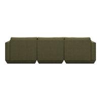Sleek olive green sofa with a textured, contemporary design, featuring clean lines and a modular structure.