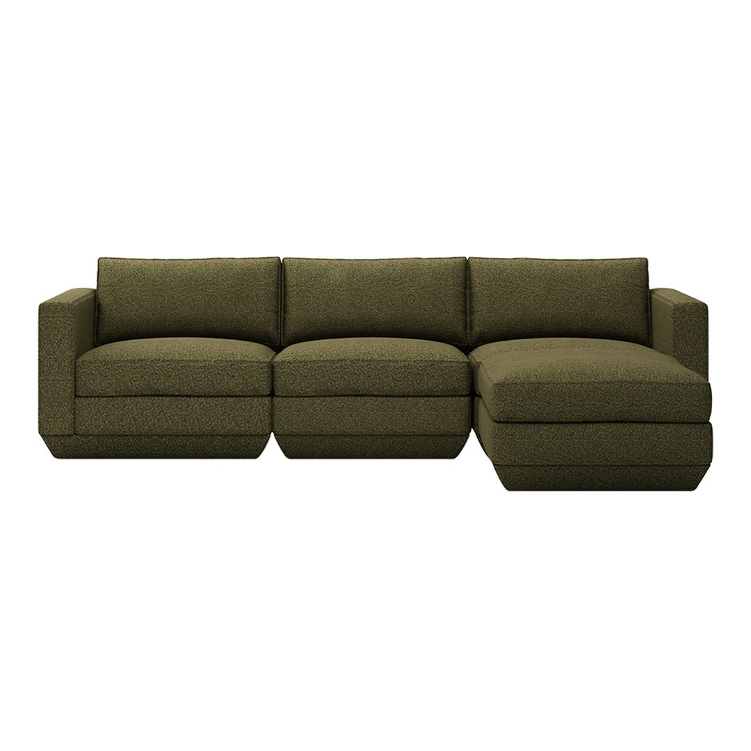 Olive green sectional sofa with a textured fabric and clean lines, perfect for modern living spaces.