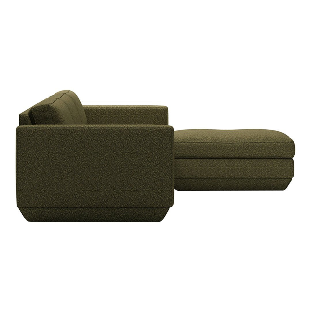 Sleek, modern sectional sofa in deep olive green, featuring a textured fabric pattern for added depth and style.