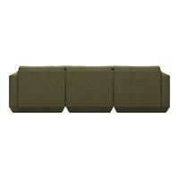 Olive green three-seater sofa with textured fabric and modern, minimalistic design.