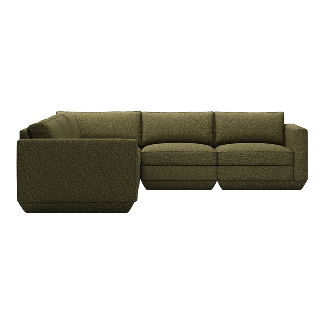 Olive green upholstered sectional sofa with a modern, sleek design and subtle texture. Perfect for stylish interiors.