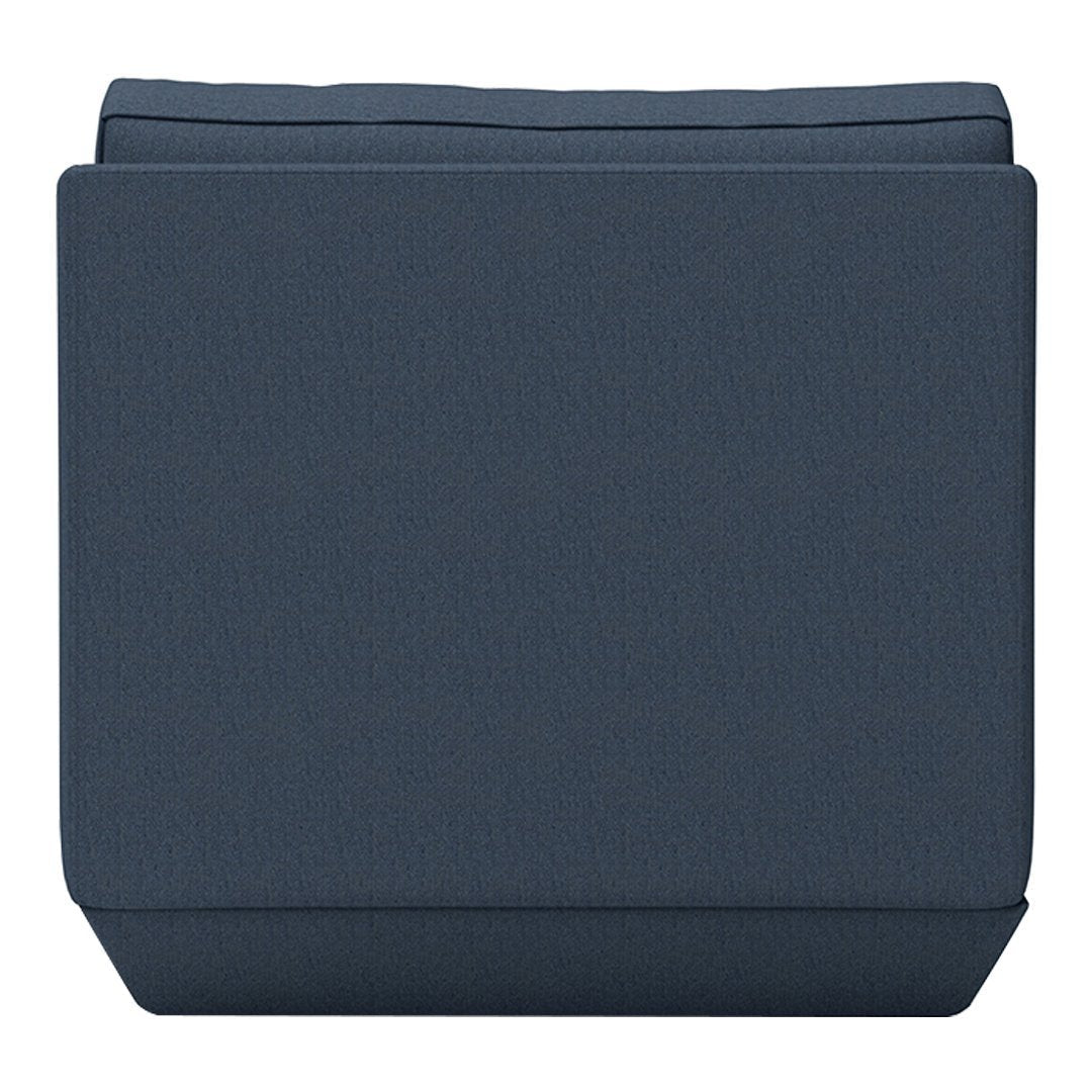 Dark blue solid fabric ottoman with a smooth, textured surface, featuring a modern, minimalist design.