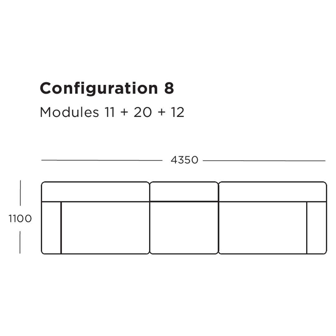"Modern sectional sofa configuration in soft neutral tones with rectangular and square pattern detailing."