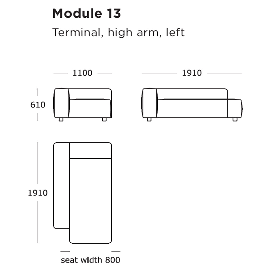 "High-arm left terminal sofa in a solid color with clean lines and modern design."