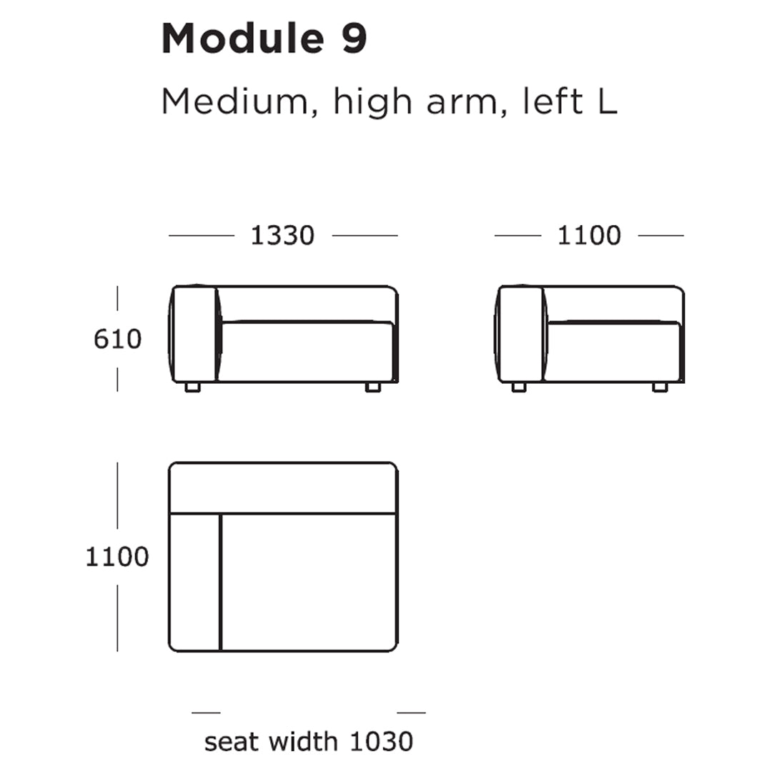 Module 9 diagram featuring a medium, high-arm left L design, illustrating sleek lines and minimalistic patterns in neutral tones.