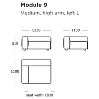 Module 9 diagram featuring a medium, high-arm left L design, illustrating sleek lines and minimalistic patterns in neutral tones.