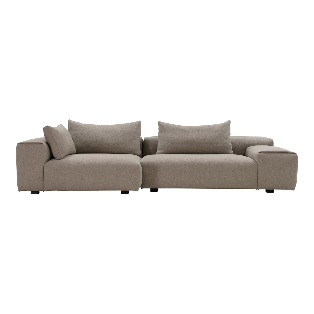 Soft taupe sectional sofa with smooth fabric and minimalist design, featuring plush cushions for added comfort.
