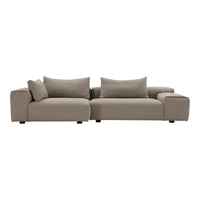 Soft taupe sectional sofa with smooth fabric and minimalist design, featuring plush cushions for added comfort.