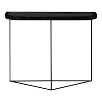 Black console table with a sleek, minimalist design and geometric black metal base. Perfect for modern interiors.
