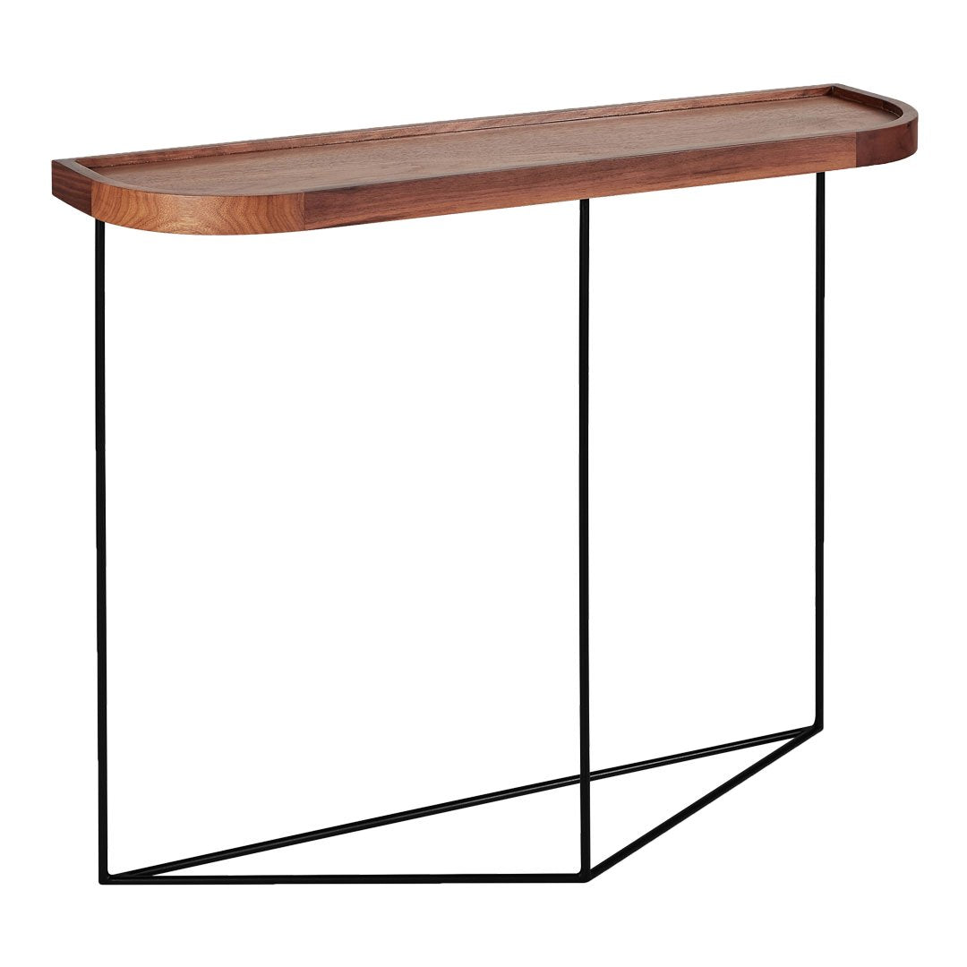 Wooden top with a rich brown finish, sleek black metal geometric base, modern design for contemporary decor.