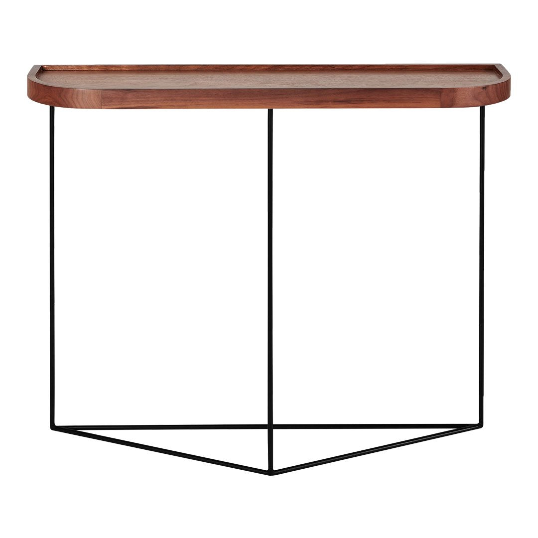 Wooden top in rich brown with a sleek black metal frame, featuring a modern geometric design.