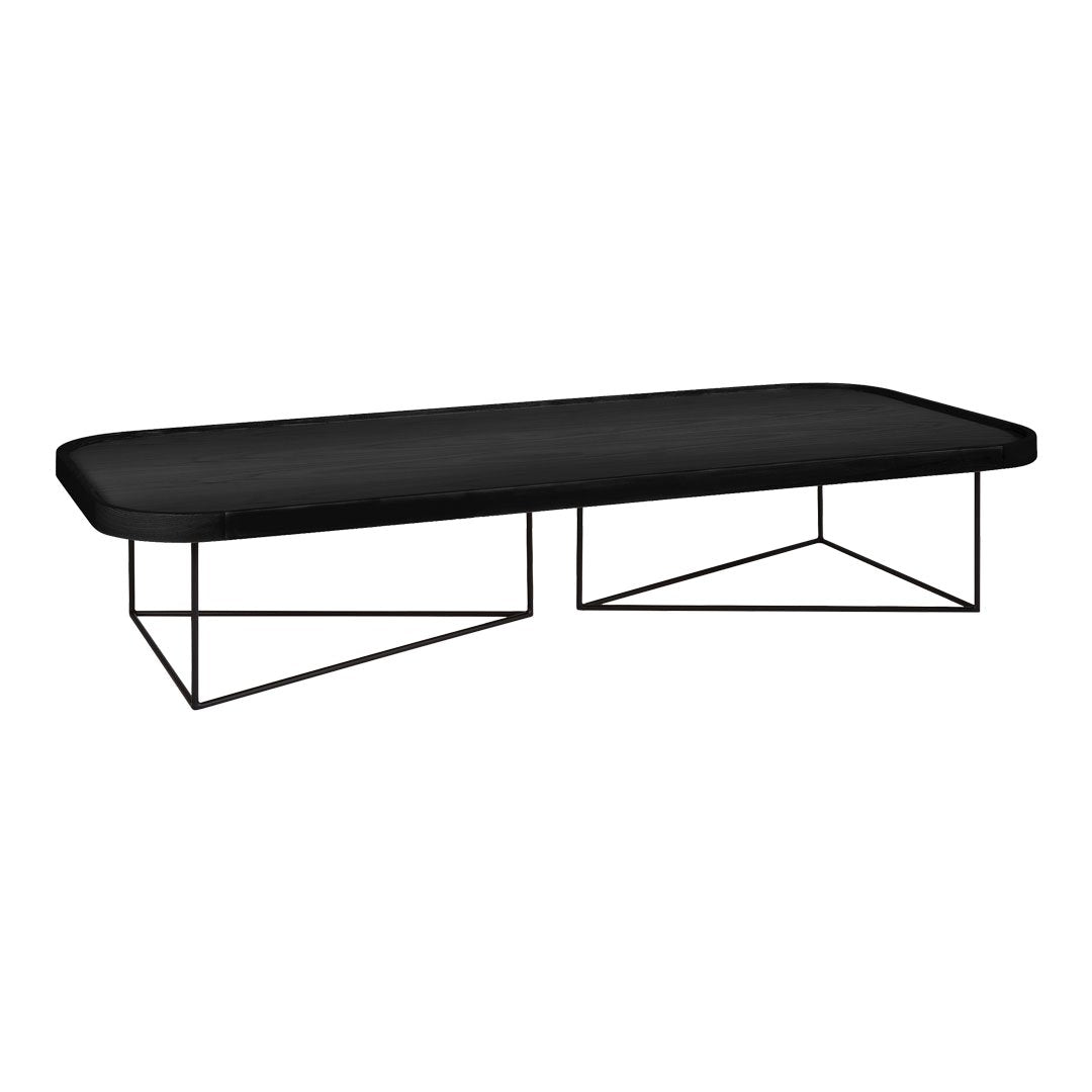 Sleek black rectangular coffee table with geometric metal legs, featuring a smooth, matte finish.