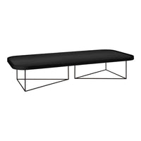 Sleek black rectangular coffee table with geometric metal legs, featuring a smooth, matte finish.