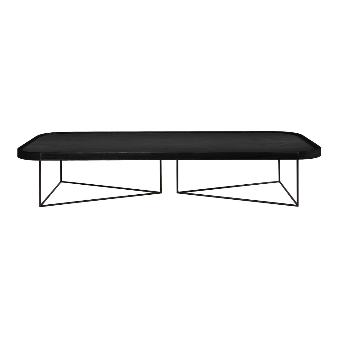 Sleek black rectangular coffee table with geometric wire base, perfect for modern decor.