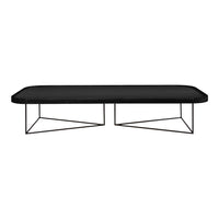 Sleek black rectangular coffee table with geometric wire base, perfect for modern decor.